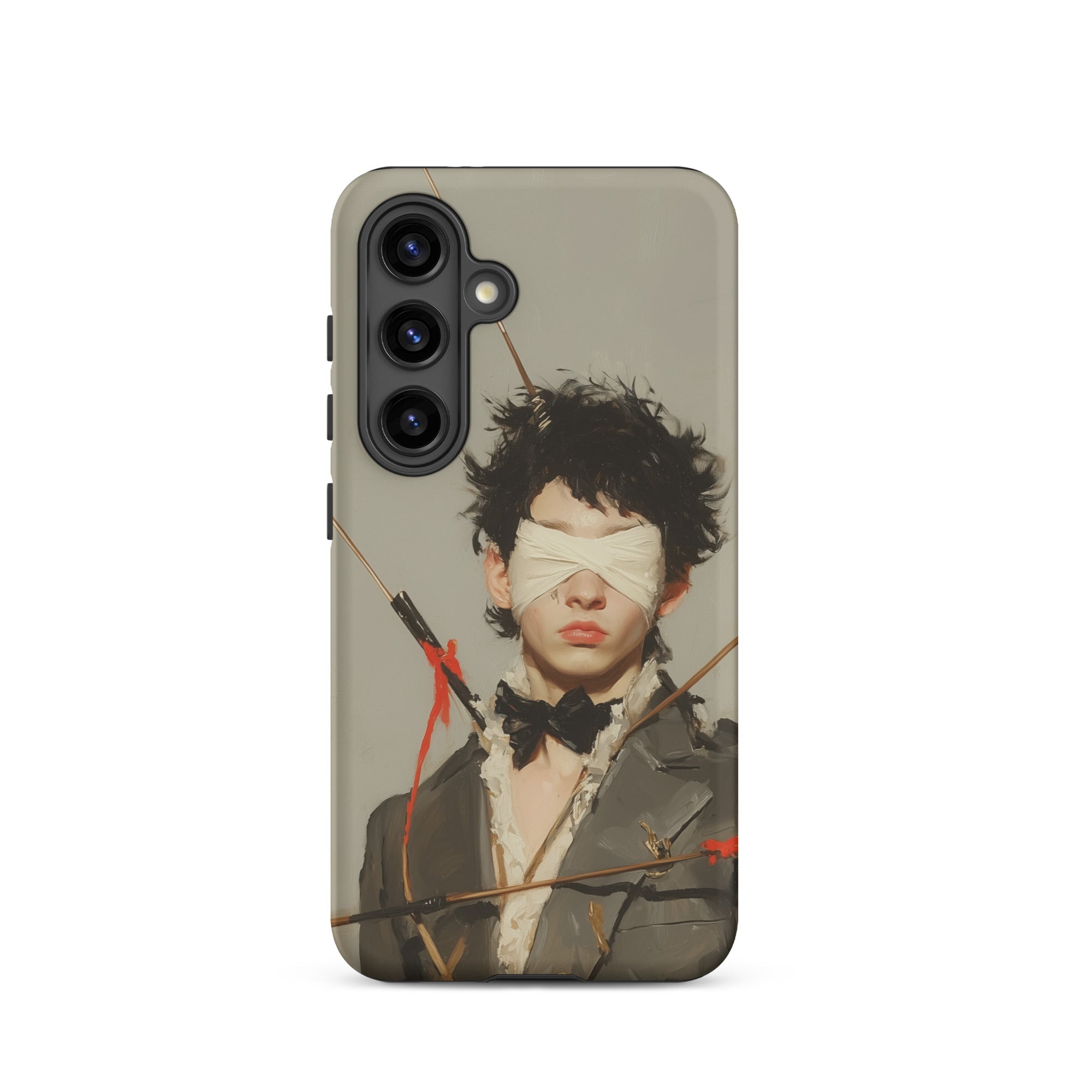 Spearhead New Romantic Outlaw Dandy Samsung Case, Galaxy S24 / Matte, Phone Case Stylized Portrait Blindfolded Person Arrows