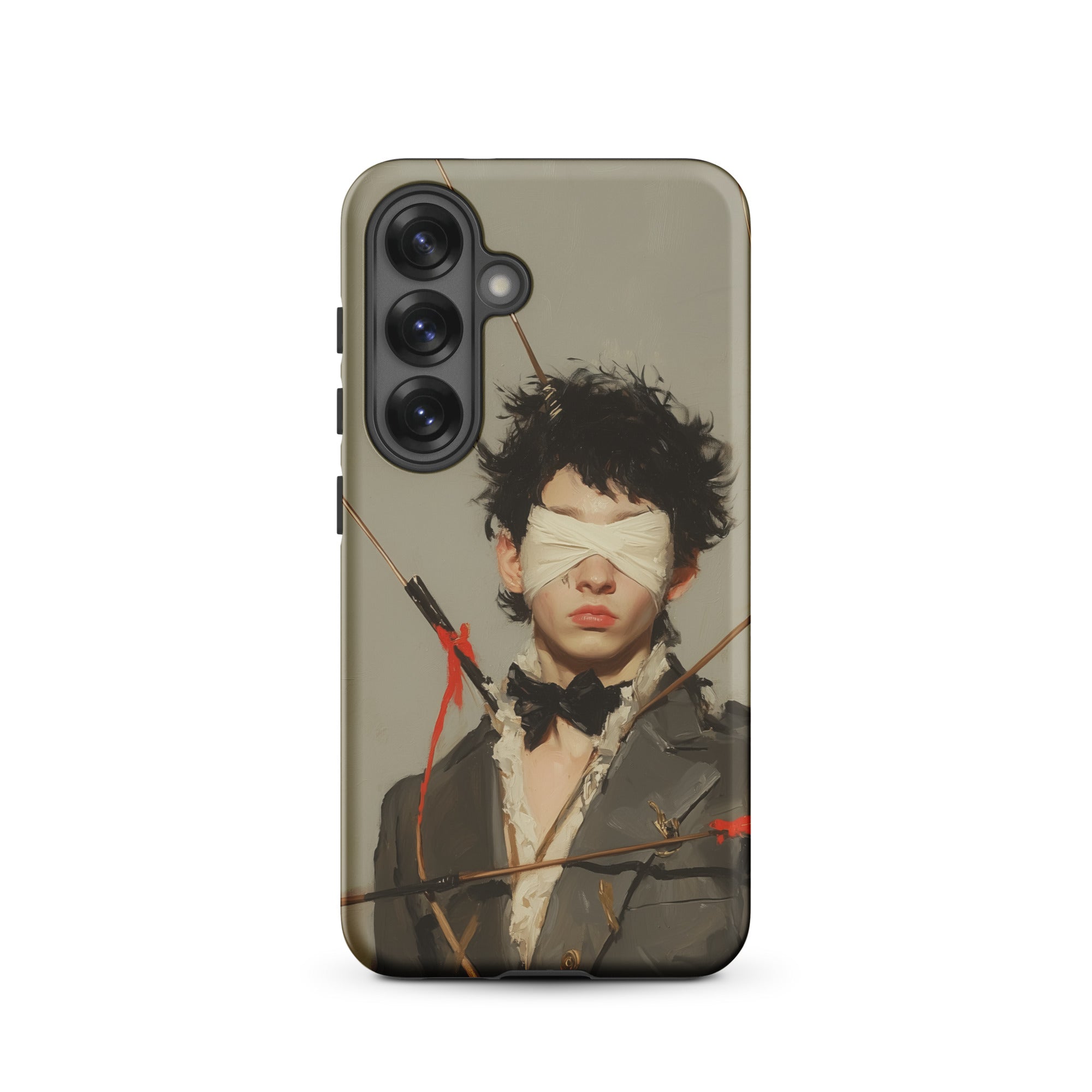 Spearhead New Romantic Outlaw Dandy Samsung Case, Galaxy S25 / Matte, Phone Case Stylized Portrait Blindfolded Person Arrows