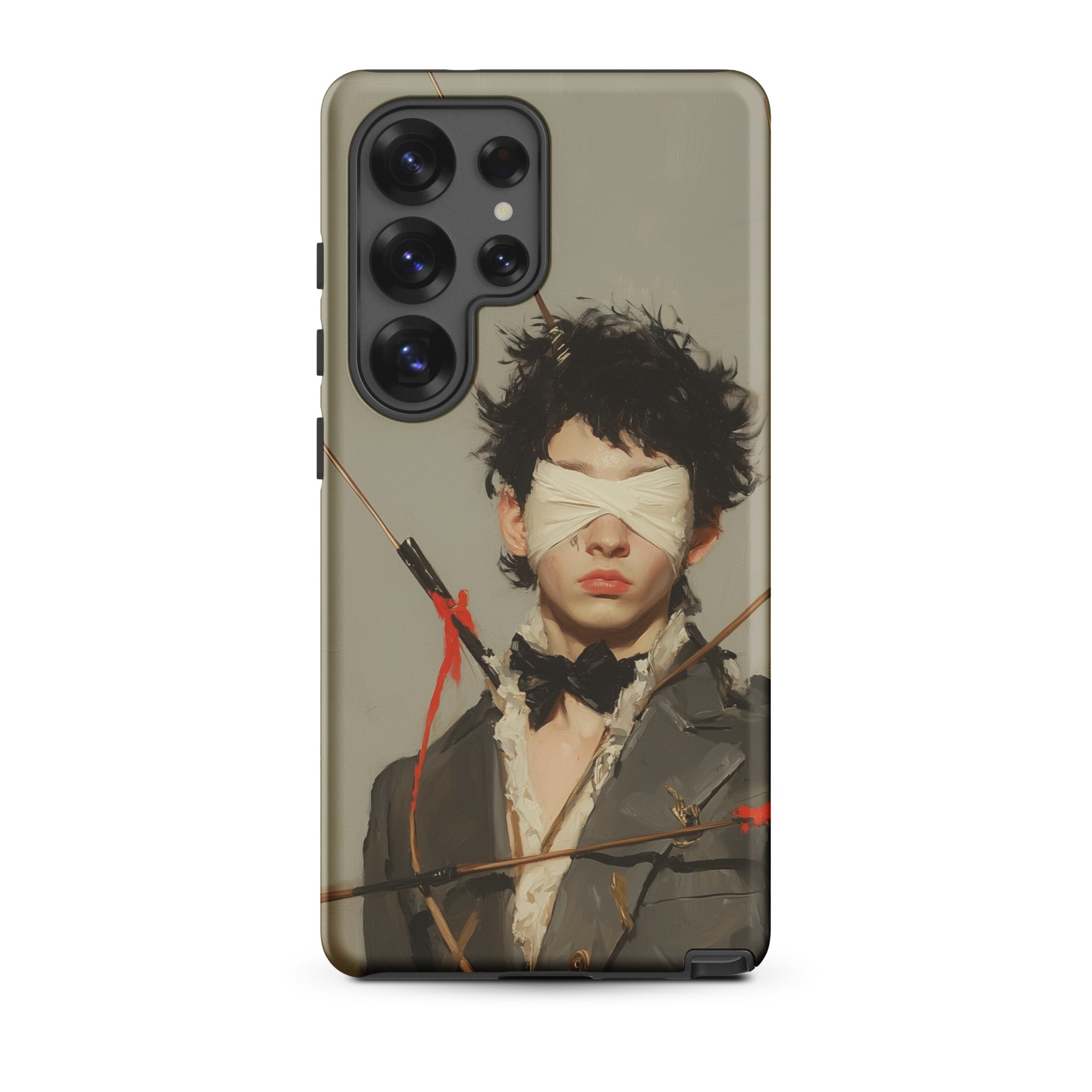 Spearhead New Romantic Outlaw Dandy Samsung Case, Galaxy S25 Ultra / Matte, Smartphone Case Blindfolded Figure Arrows