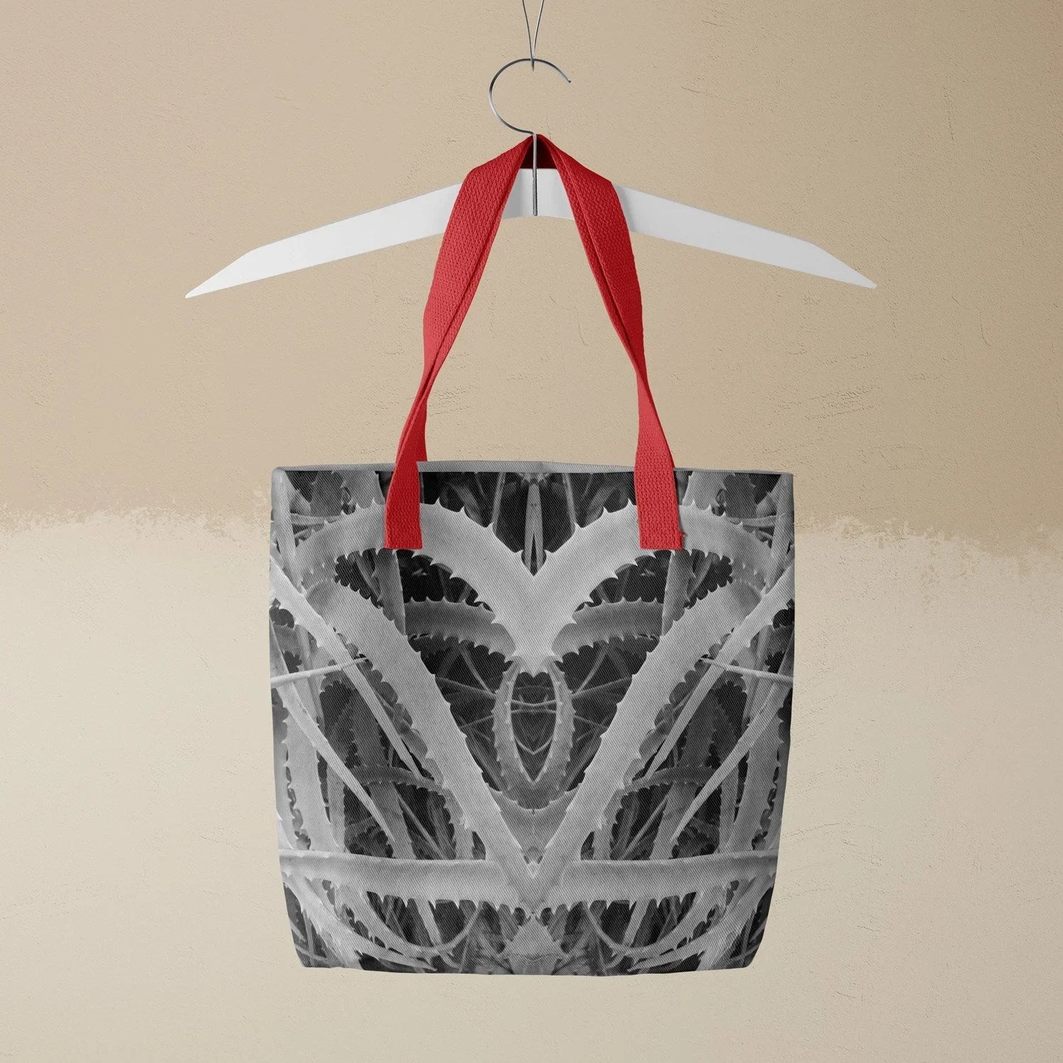 Spiked - Black & White Aloe Vera Op Art Shopping Tote, Red Handles, Spikandw-red, Tote Bag Black White Abstract Pattern