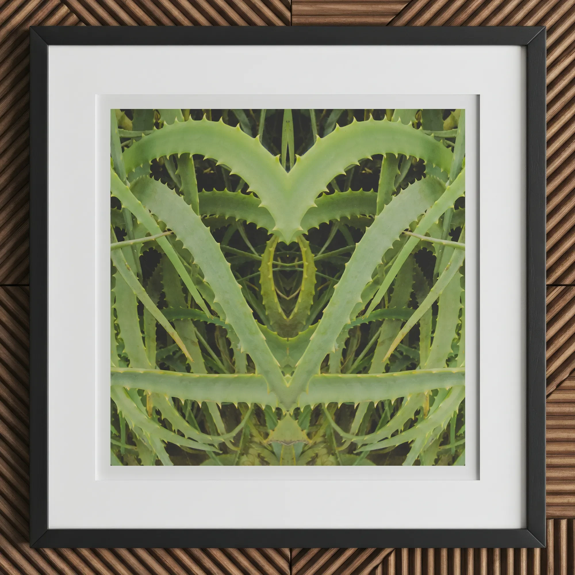 Spiked - Trippy Aloe Vera Botanical Art Print, 12x12’’ / 31x31cm / Black Frame, Framed Square Artwork Symmetrical Pattern Green Aloe Vera