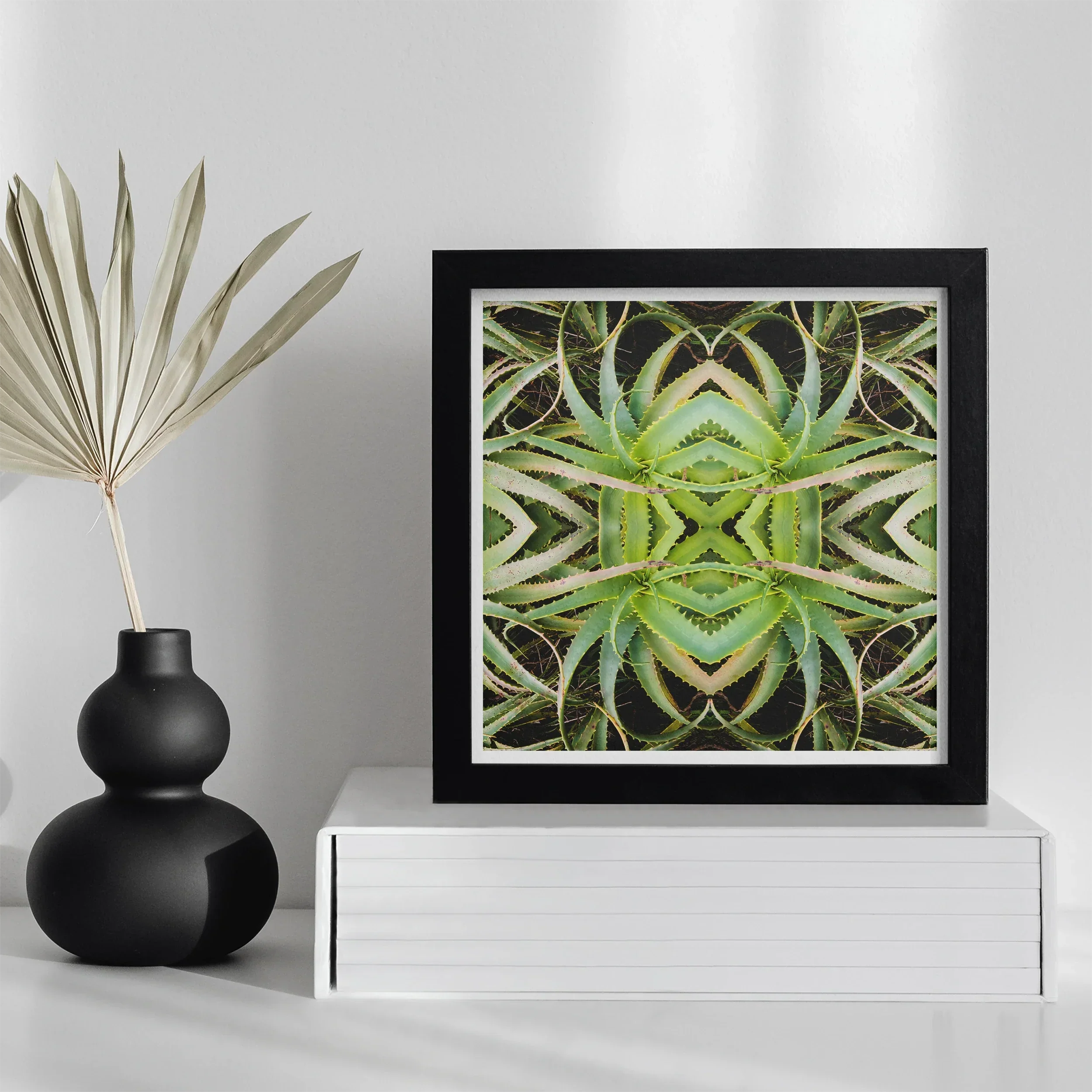 Spiked Trippy Aloe Vera Botanical Art Print, Framed Symmetrical Artwork Kaleidoscopic Pattern Green Plant Leaves