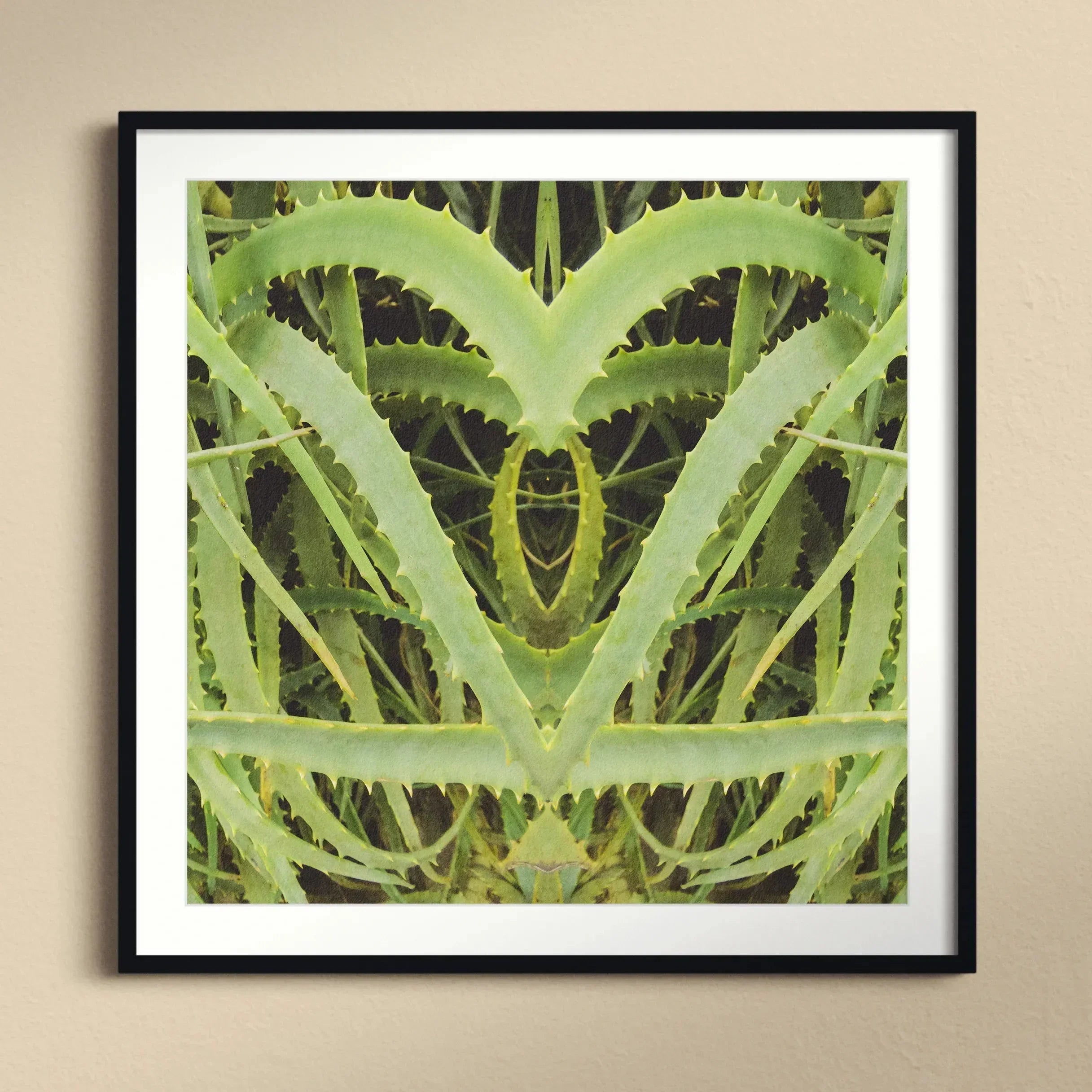 Spiked - Trippy Aloe Vera Botanical Art Print, Mirrored Green Aloe Vera Leaves Symmetrical Heart-like Pattern
