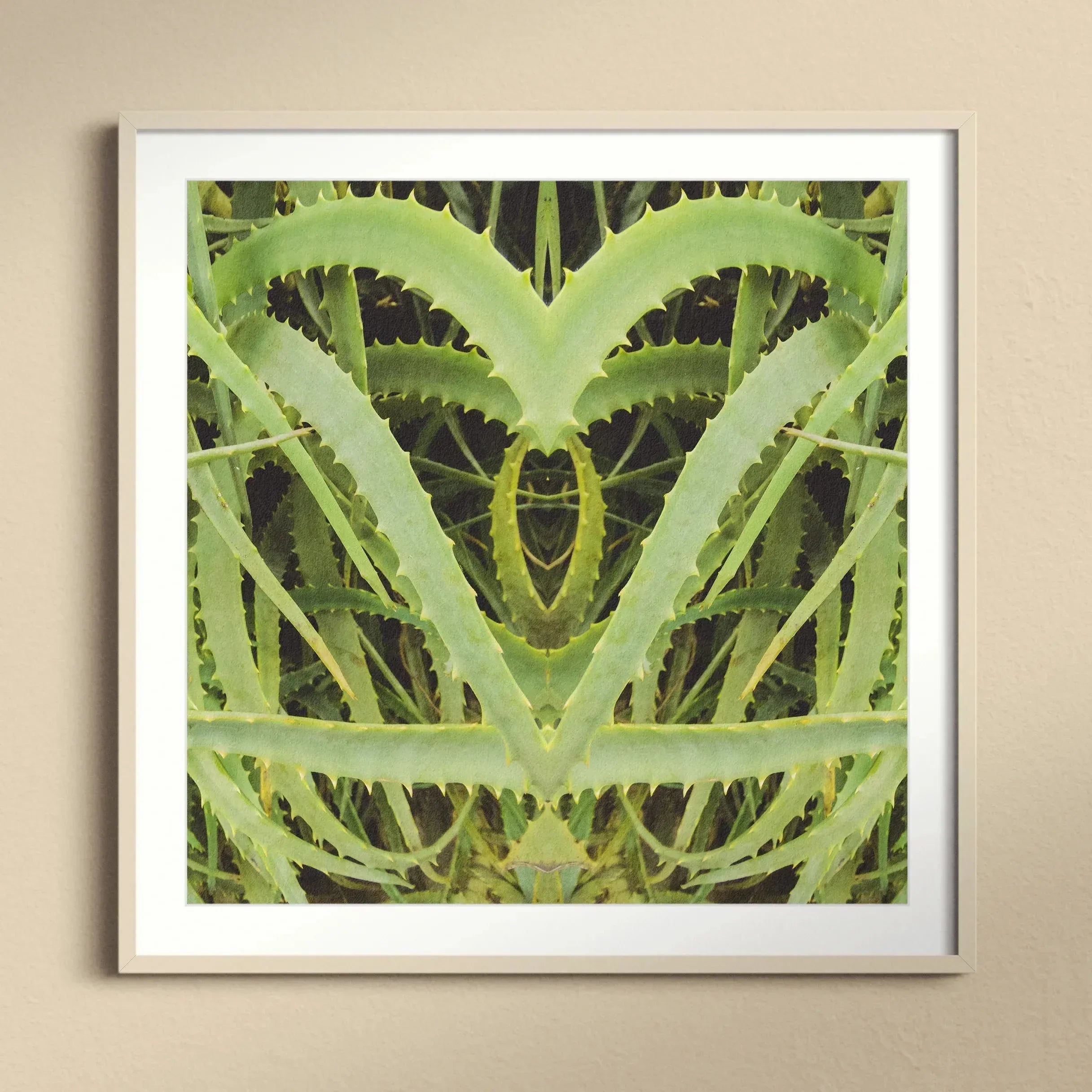 Spiked - Trippy Aloe Vera Botanical Art Print, Mirrored Photograph Aloe Vera Leaves Symmetrical Green Pattern