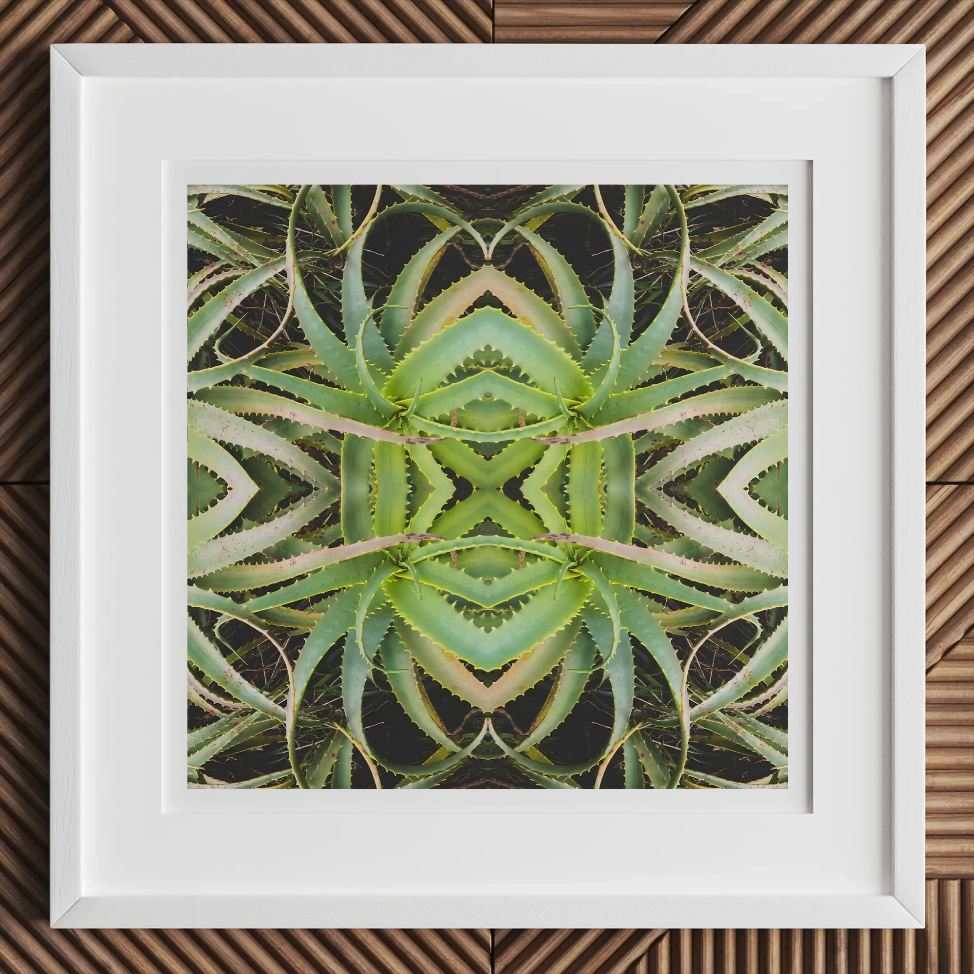 Spiked too - Trippy Aloe Vera Botanical Op Art Print, 12x12’’ / 31x31cm / White Frame, Framed Abstract Artwork Green Aloe Vera Plants