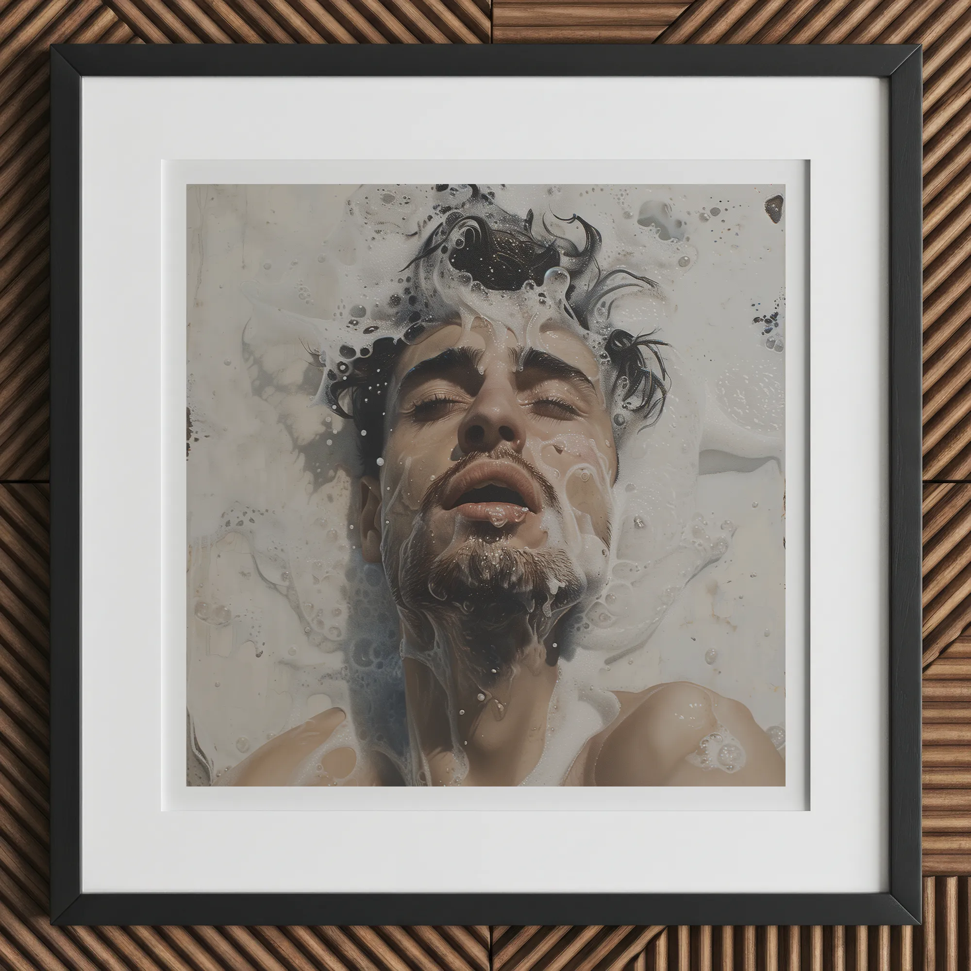 Spilled Milk - Dreamy Gay Art Erotica Giclee Print, 12x12’’ / 31x31cm / Black Frame / 2’’ Matboard, Framed Art Print Man Water Bubbles