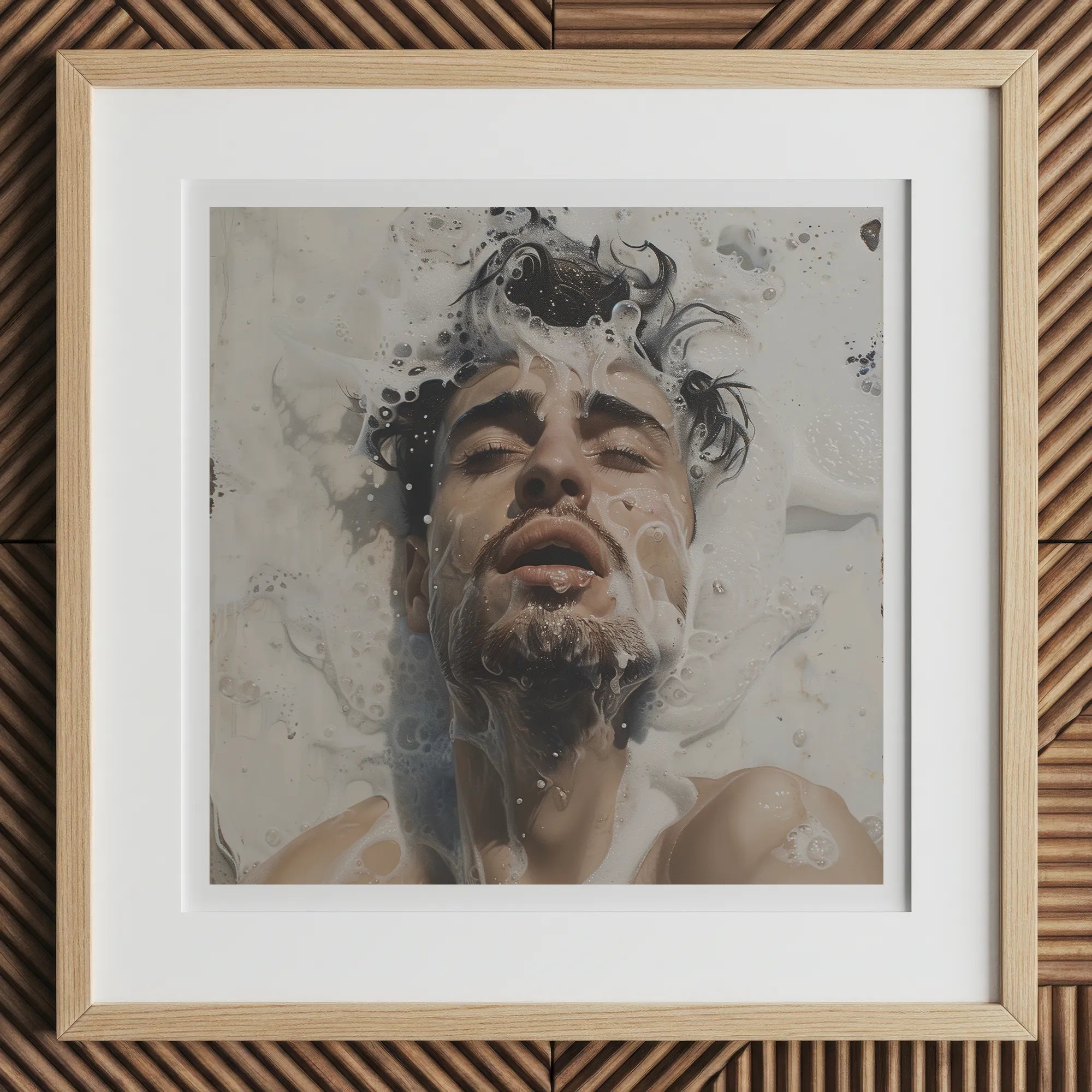 Spilled Milk - Dreamy Gay Art Erotica Giclee Print, 12x12’’ / 31x31cm / Natural Frame / 2’’ Matboard, Framed Artwork Man’s Face Partially