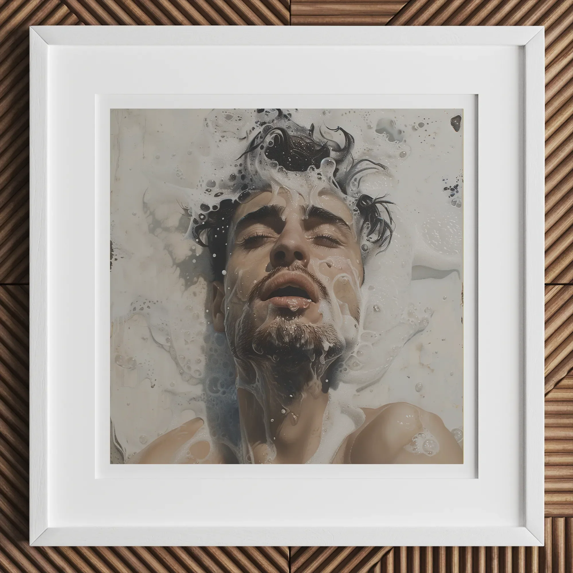 Spilled Milk - Dreamy Gay Art Erotica Giclee Print, 12x12’’ / 31x31cm / White Frame / 2’’ Matboard, Framed Art Print Man Milky Bath