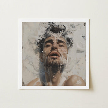 Spilled Milk - Dreamy Gay Art Erotica Giclee Print / Canvas Square-framed Artwork Man Dark Hair Beard Submerged Soapy Ethereal Sea, Milky