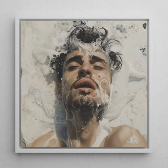 Spilled Milk - Dreamy Gay Art Erotica Giclee Print / Canvas Framed Artwork Man Dark Hair Beard Submerged Soapy Ethereal Sea, Milky Waters,
