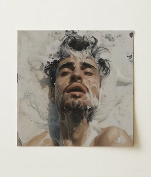 Square Canvas Painting Man Dark Hair Beard Submerged Ethereal Sea, Milky Waters, Gay Art