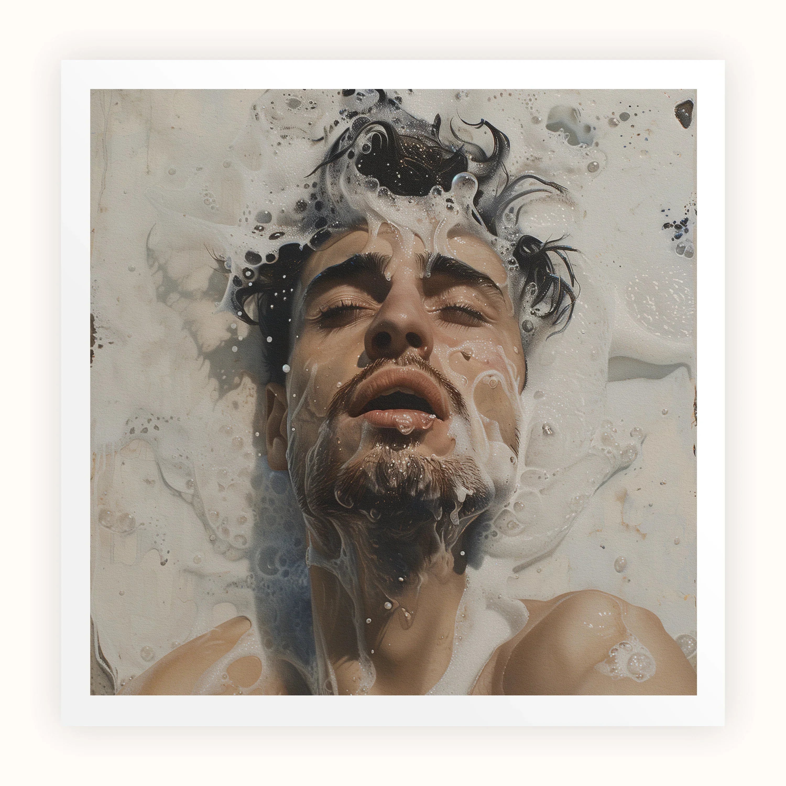 Spilled Milk Dreamy Gay Art Erotica Giclee Print, Close Up Portrait Man Submerged Water Bubbles Foam Face