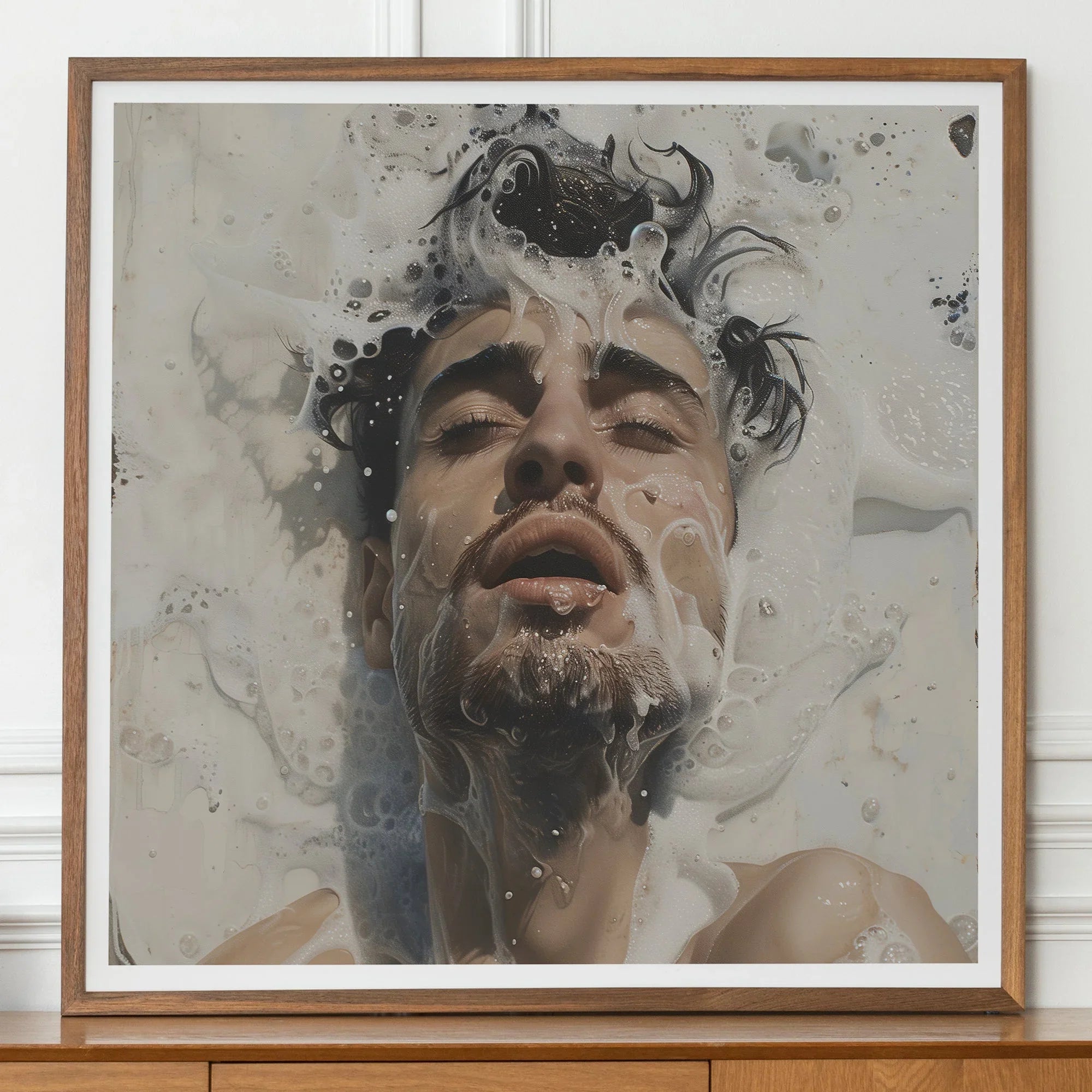 Spilled Milk - Dreamy Gay Art Erotica Giclee Print, Framed Portrait Person Submerged Water Bubbles Foam Face