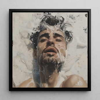 Spilled Milk - Subtle Sexy Gay Erotic Art Framed Canvas, 12x12’’ / 31x31cm / Black Floating Frame, Framed Painting Man’s Face Submerged