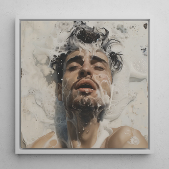 Spilled Milk - Subtle Sexy Gay Erotic Art Framed Canvas, 12x12’’ / 31x31cm / White Floating Frame, Framed Portrait Man Water