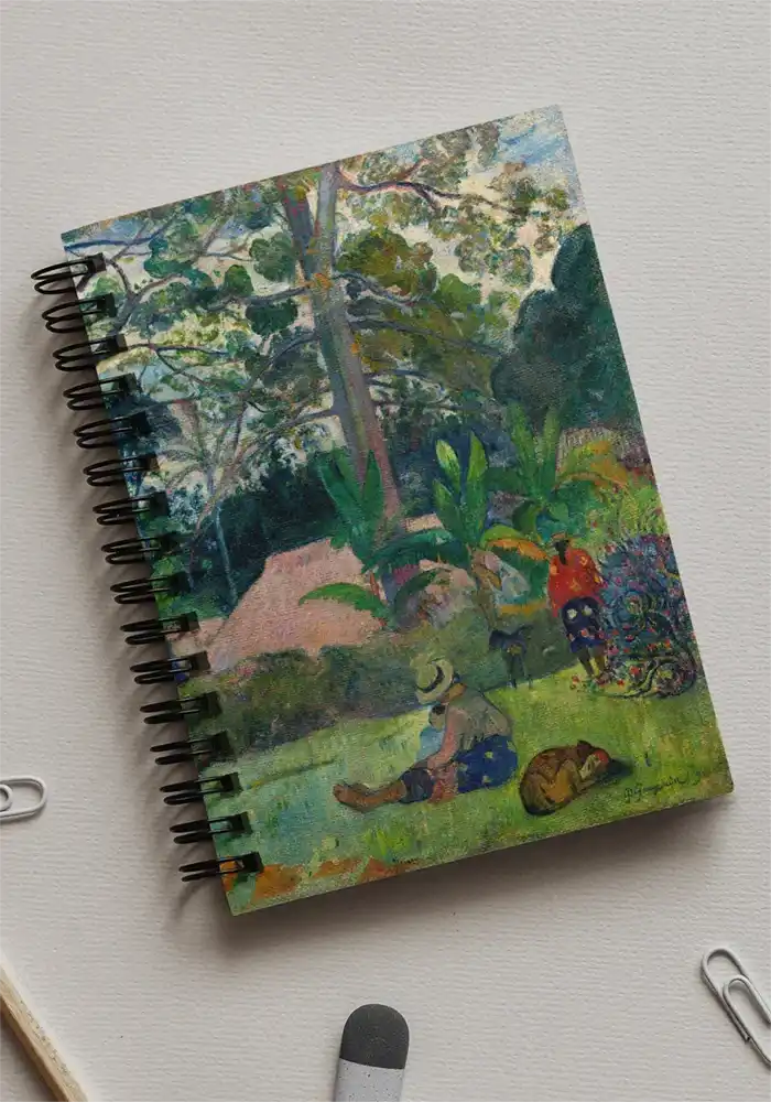 Spiral-bound notebook with a Gauguin painting reproduction on the cover.