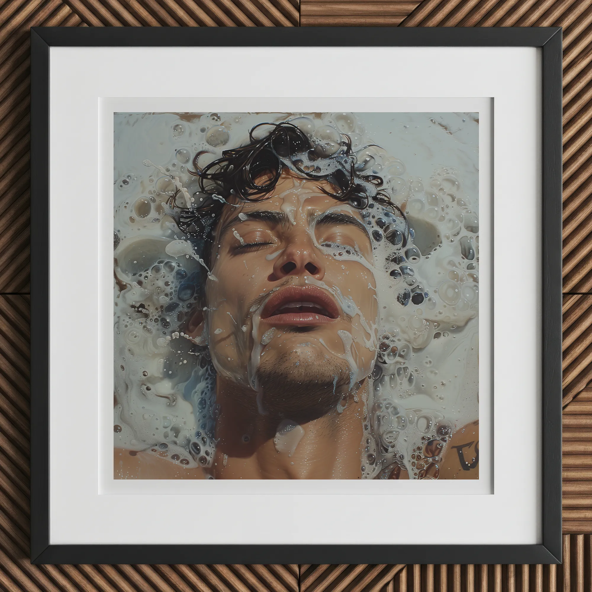Splish Splash - Gaysian Male Erotica Art Print, 12x12’’ / 31x31cm / Black Frame / 2’’ Matboard, Framed Print Person’s Face Splashed Foamy