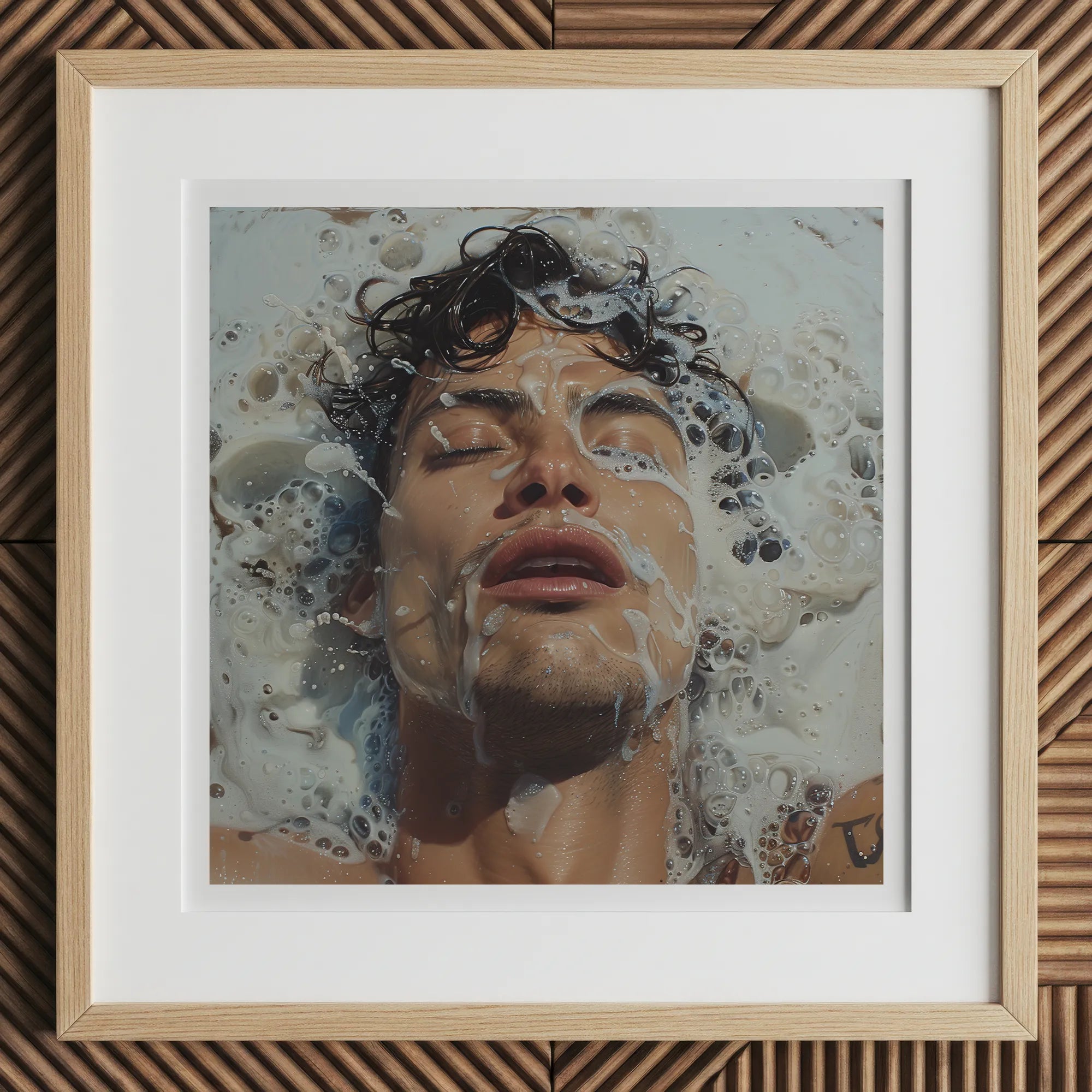 Splish Splash - Gaysian Male Erotica Art Print, 12x12’’ / 31x31cm / Natural Frame / 2’’ Matboard, Framed Art Print Person’s Face Covered
