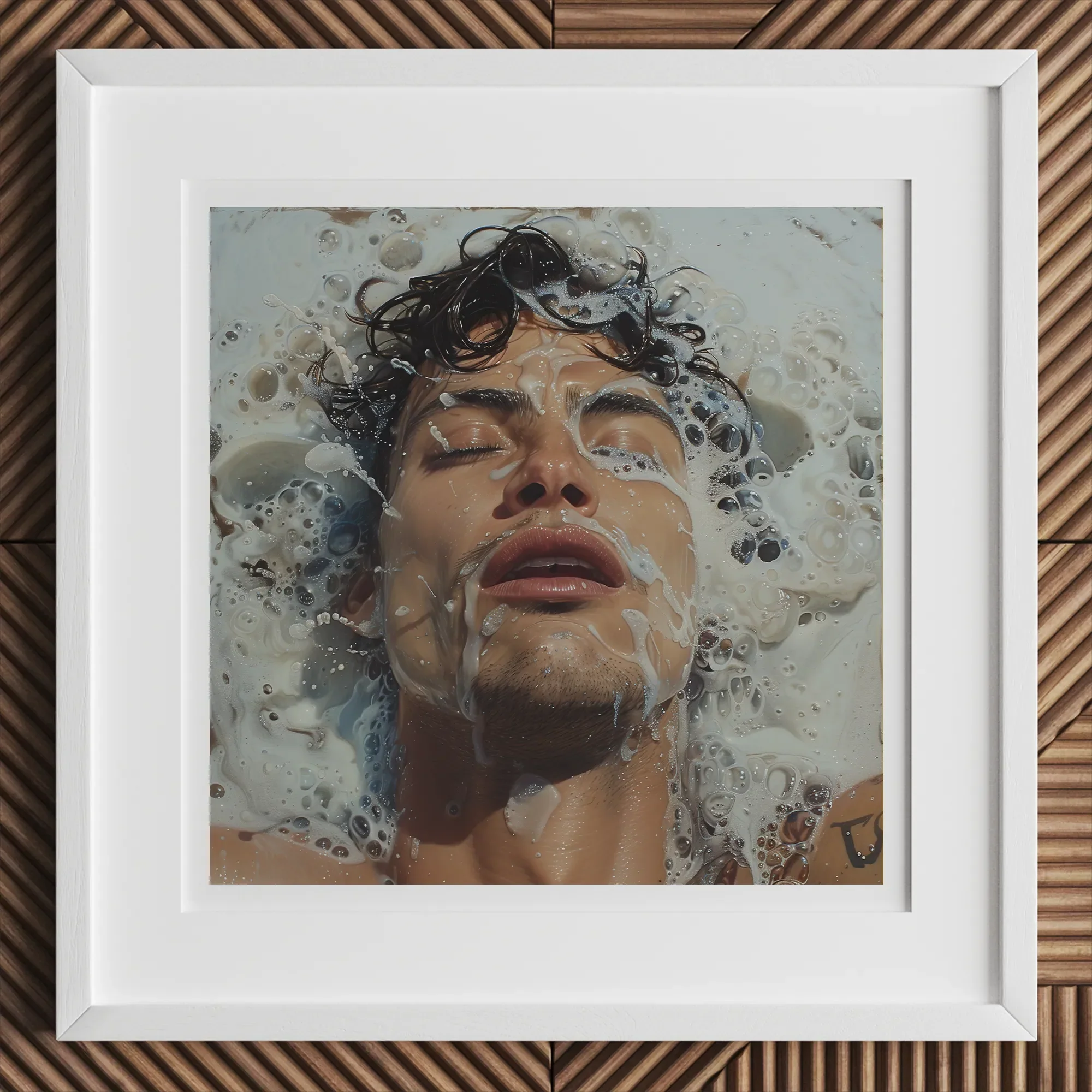 Splish Splash - Gaysian Male Erotica Art Print, 12x12’’ / 31x31cm / White Frame / 2’’ Matboard, Framed Print Man’s Face Covered White Foamy