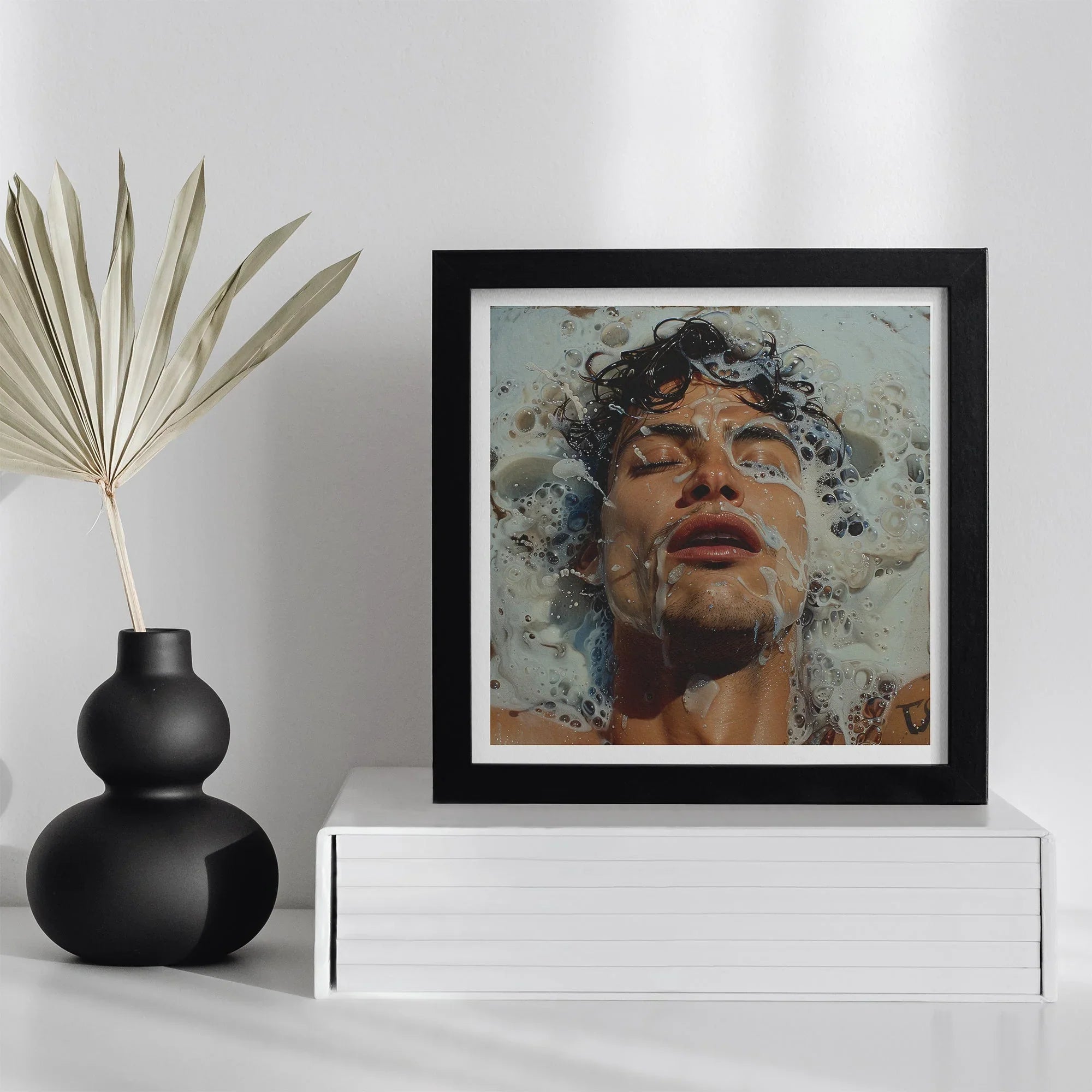Splish Splash Gaysian Male Erotica Art Print, Framed Portrait Person’s Face Surrounded Water Bubbles