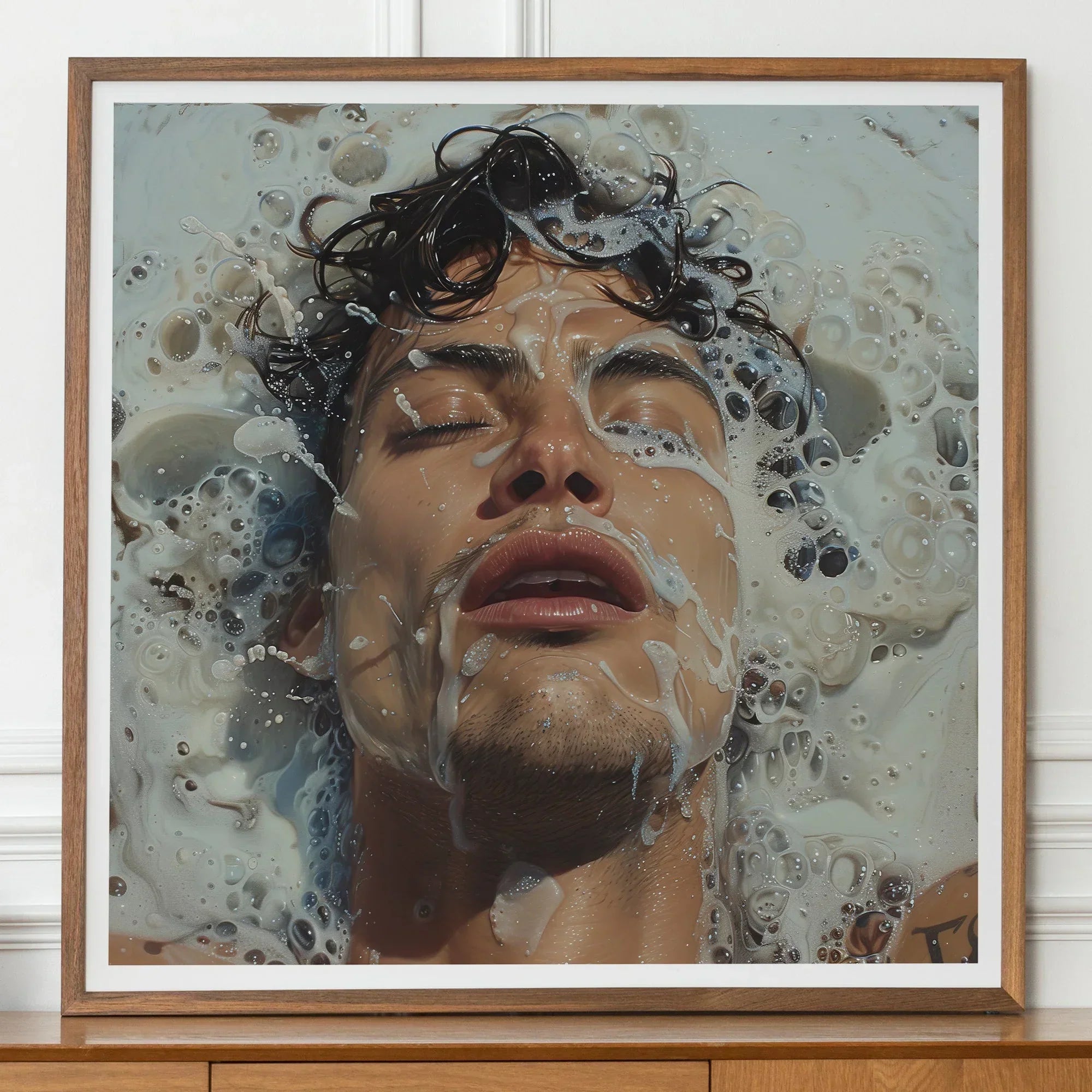 Splish Splash Gaysian Male Erotica Art Print, Hyper Realistic Painting Person’s Face Submerged Water Bubbles