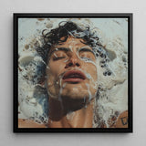 Splish Splash - Gaysian Male Pleasure Framed Canvas, 12x12’’ / 31x31cm / Black Floating Frame, Hyper-realistic Painting Person’s Face