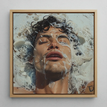 Splish Splash - Gaysian Male Pleasure Framed Canvas, 12x12’’ / 31x31cm / Natural Floating Frame, Painting Man’s Face Covered White Foamy