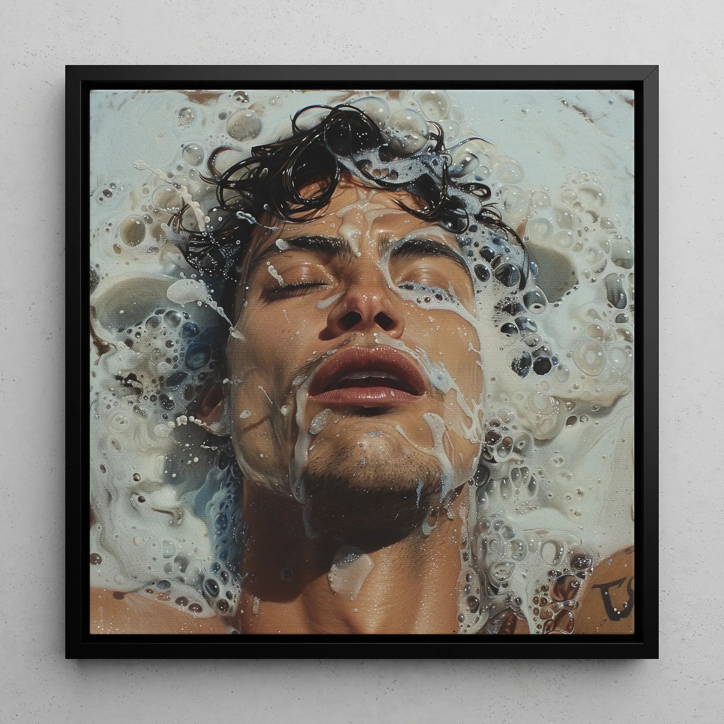 Splish Splash - Gaysian Male Pleasure Framed Canvas, Hyper-realistic Painting Person’s Face Submerged Water Soap Bubbles