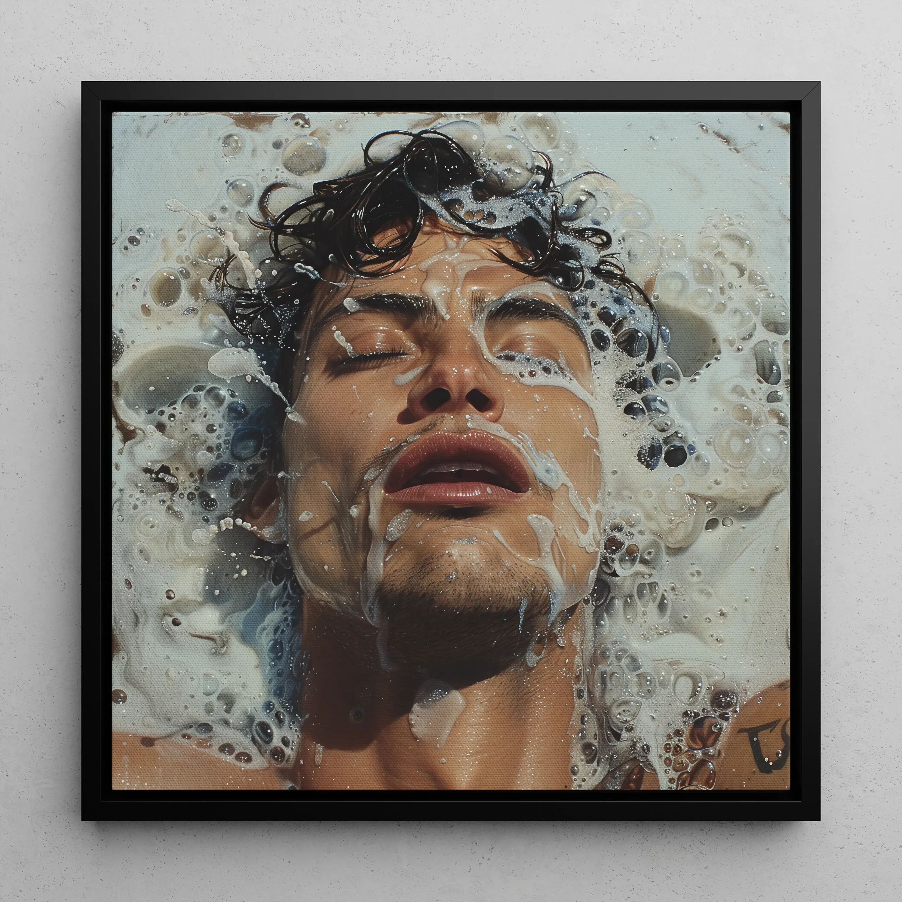 Splish Splash Gaysian Male Pleasure Framed Canvas, Hyper Realistic Painting Person’s Face Submerged Water Soap Bubbles
