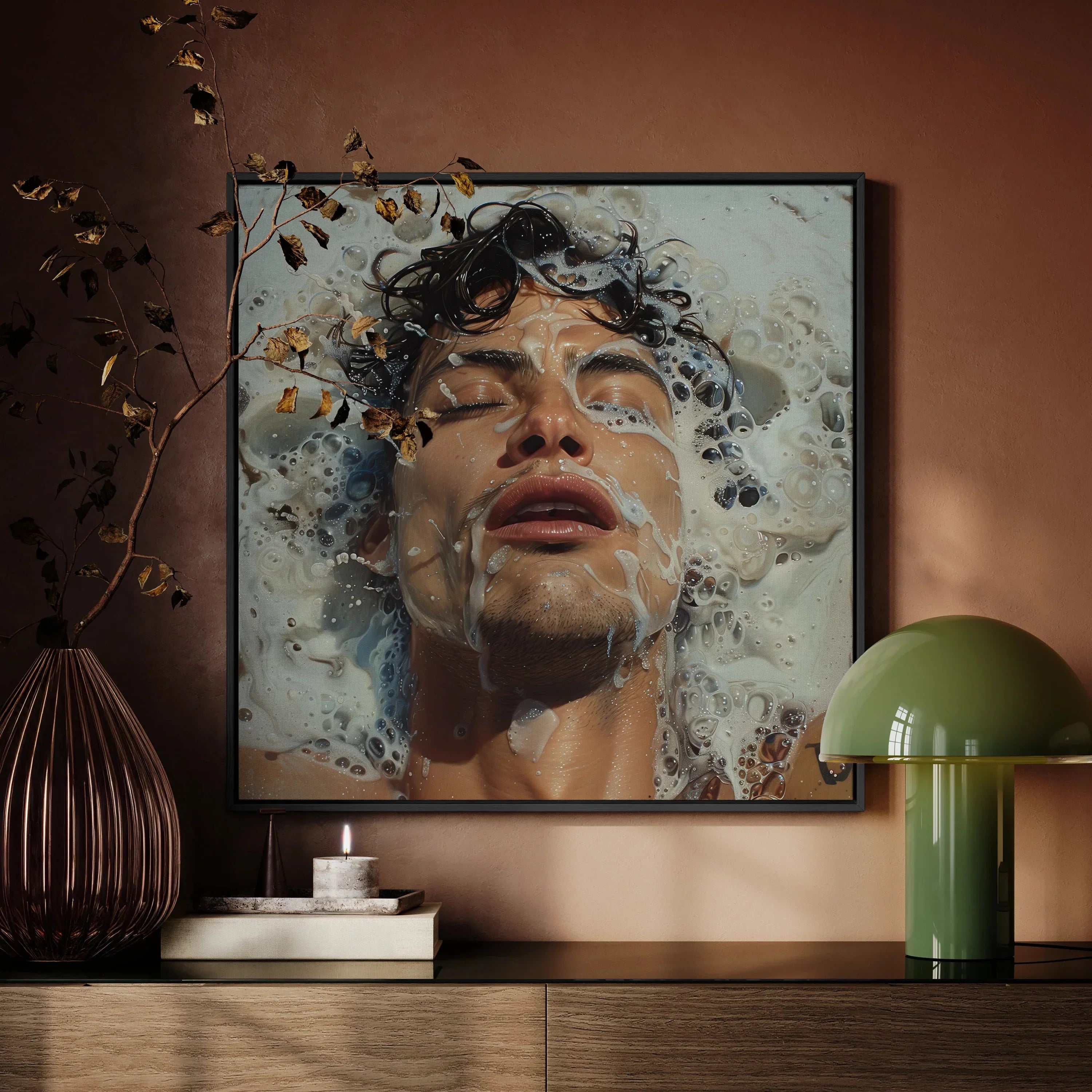 Splish Splash Gaysian Male Pleasure Framed Canvas, Framed Painting Person’s Face Closed Eyes Water Droplets