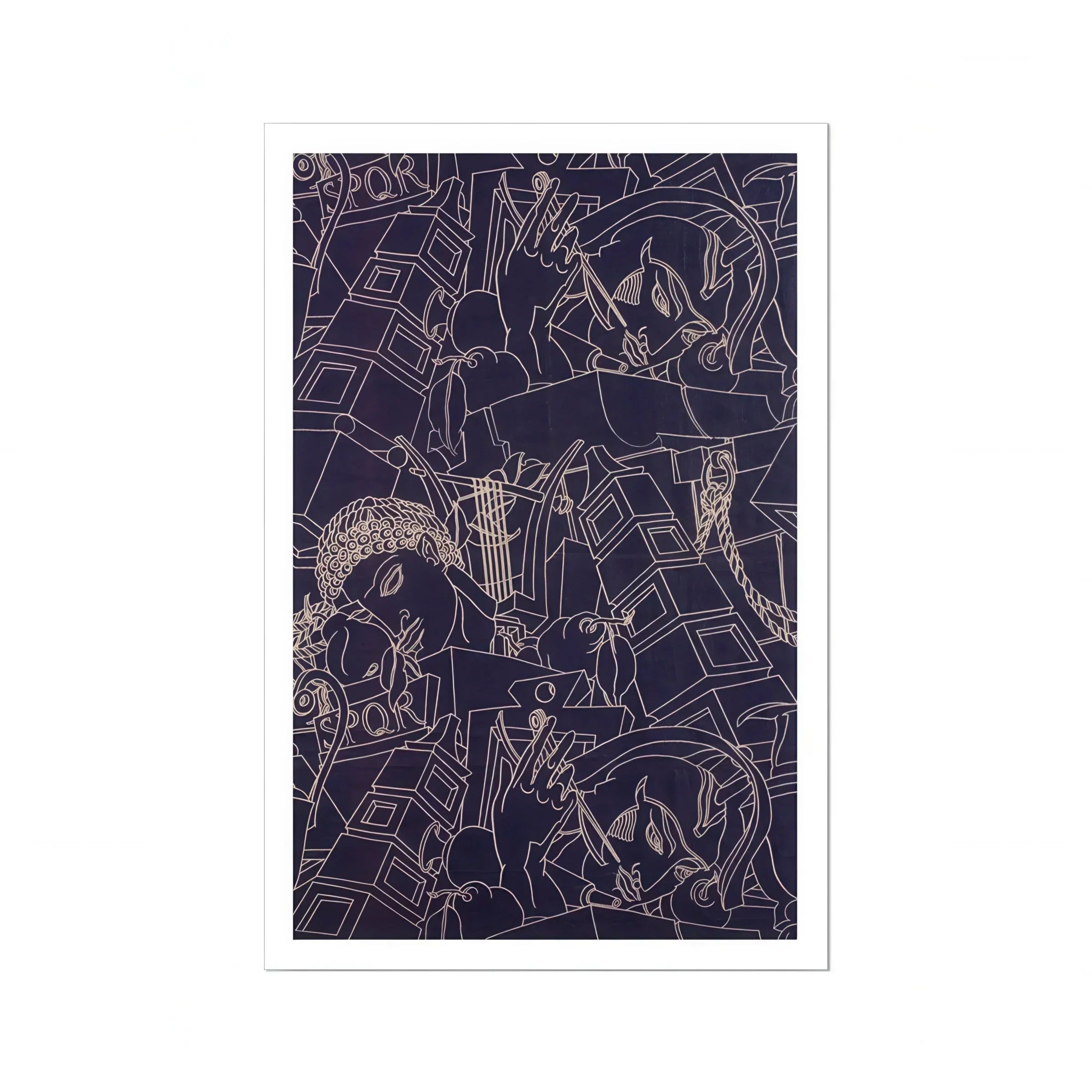 Spqr Victor Proetz Decorative Textile Pattern Art Print, Abstract Pattern White Line Drawings Dark Navy Blue