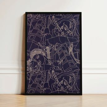 Framed Abstract Artwork Intricate White Line Drawings Deep Victor Proetz Art, Print, Mesmerizing