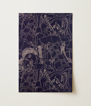 Navy Blue Abstract Art Print Intricate White Line Victor Proetz, Mesmerizing