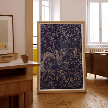 Spqr - Victor Proetz Decorative Textile Pattern Art Print, Framed Navy Blue Artwork White Line Drawings Abstract