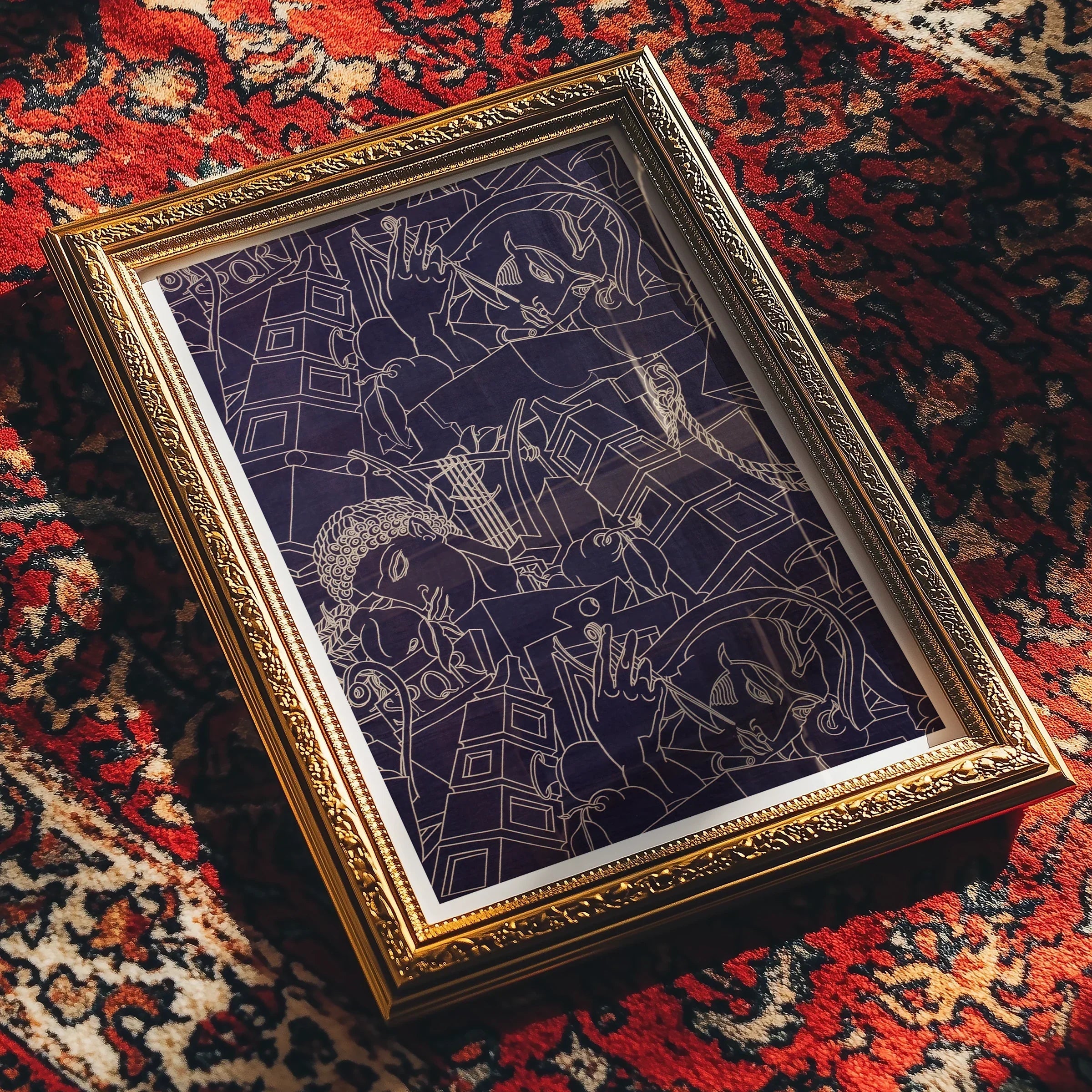 Spqr Victor Proetz Decorative Textile Pattern Art Print, Ornate Gold Framed Artwork Dark Background White Line Illustrations