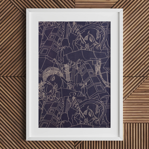 Spqr - Victor Proetz Decorative Textile Pattern Art Print, White-framed Artwork Abstract Line Drawings Navy Blue Background