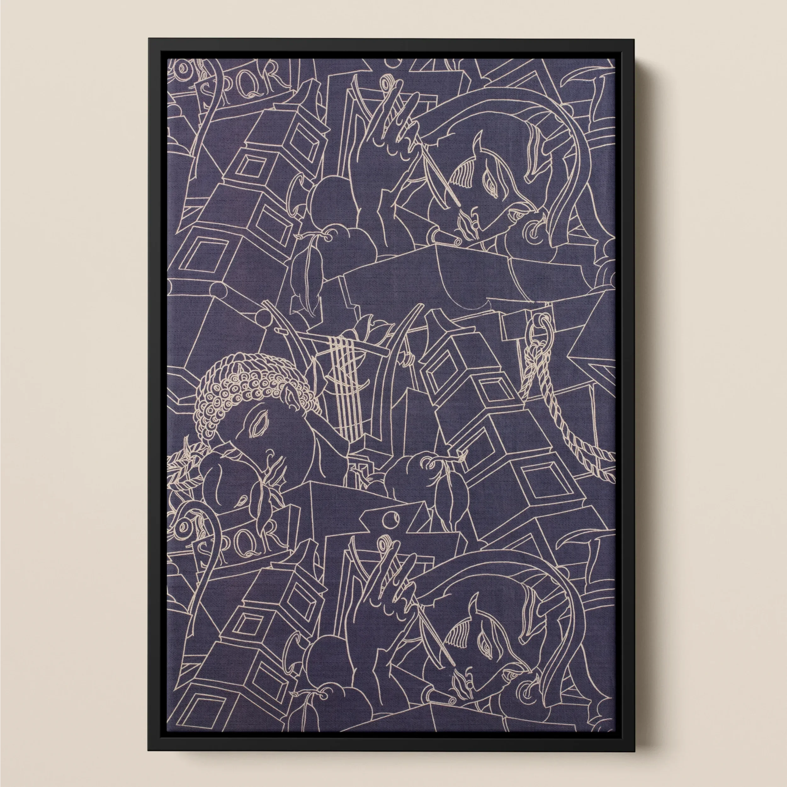 Spqr - Victor Proetz Neoclassical Pattern Framed Canvas, Framed Abstract Artwork White Line Drawings Dark Purple