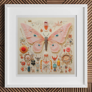 Spreadwinged Empress - Alien Butterfly Taxonomy Art Print, 12x12’’ / 31x31cm / White Frame / 2’’ Matboard, Pink Butterfly Composed Small