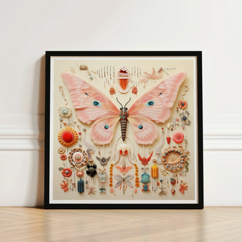 Framed Mixed-media Artwork Delicate Pink Butterfly Intricate Surrounded Exquisite Taxonomy, Alien Species, Art