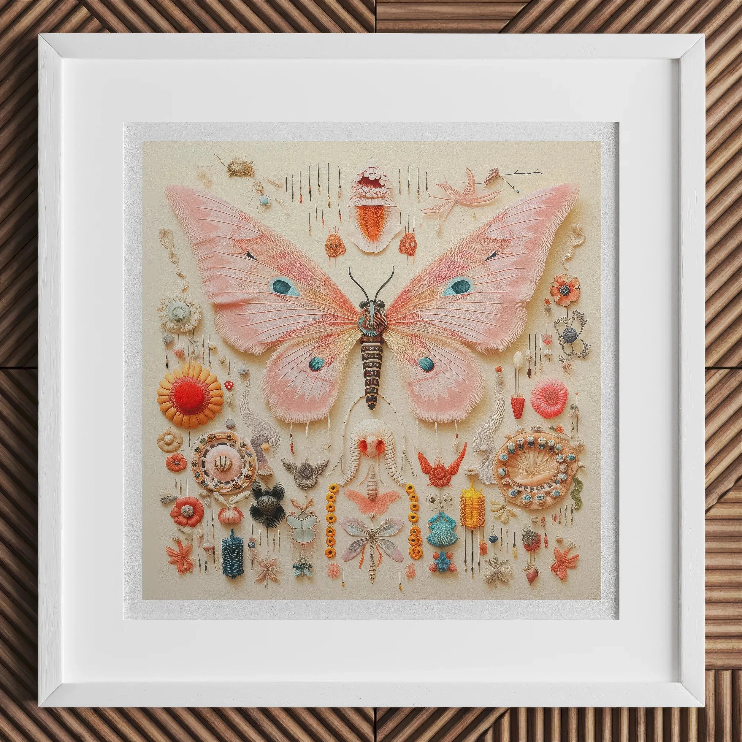 Spreadwinged Empress - Alien Butterfly Taxonomy Art Print, Pink Butterfly Composed Small Decorative Objects Ornaments Arranged