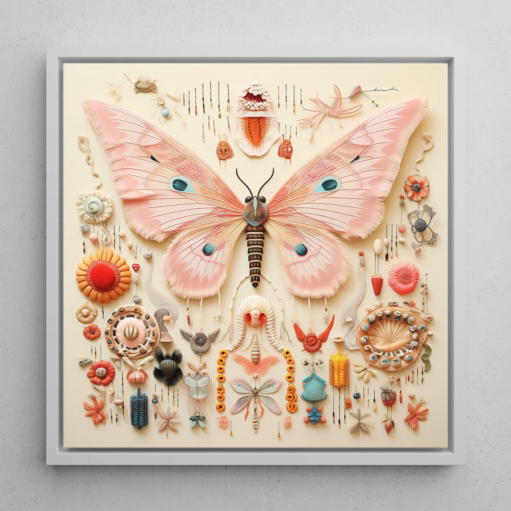 Spreadwinged Empress Alien Butterfly Taxonomy Framed Canvas, 12x12’’ / 31x31cm / White Floating Frame, Framed Butterfly Collage