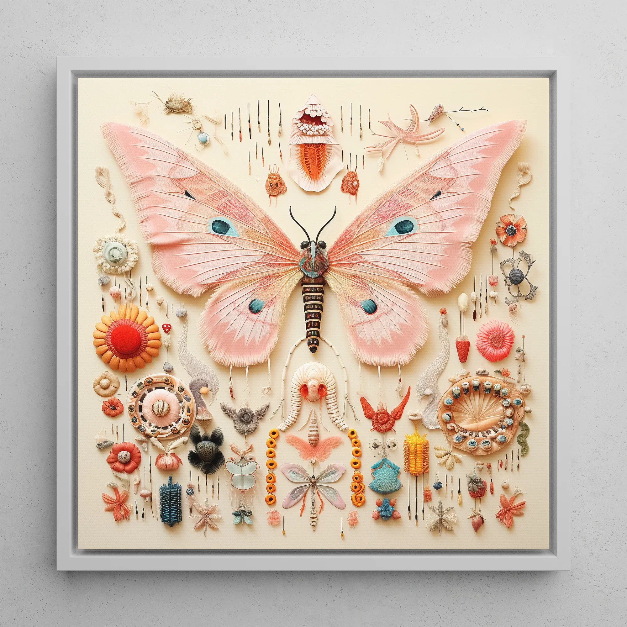 Spreadwinged Empress - Alien Butterfly Taxonomy Framed Canvas, 12’’x12’’ / White Floating Frame, Framed Butterfly Collage