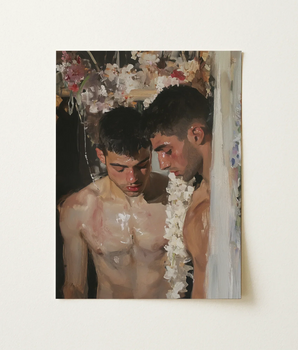 Rectangular Canvas Painting Two Shirtless Men Warmly Lit, Stand, Chest, Blossoming Gay Romance, Art, Print