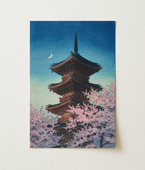Rectangular Art Print Traditional Japanese Pagoda Dark Wooden Kawase Hasui, Cherry Blossom, Spring Evening, Set, Ueno, Park, Toshogu Shrine