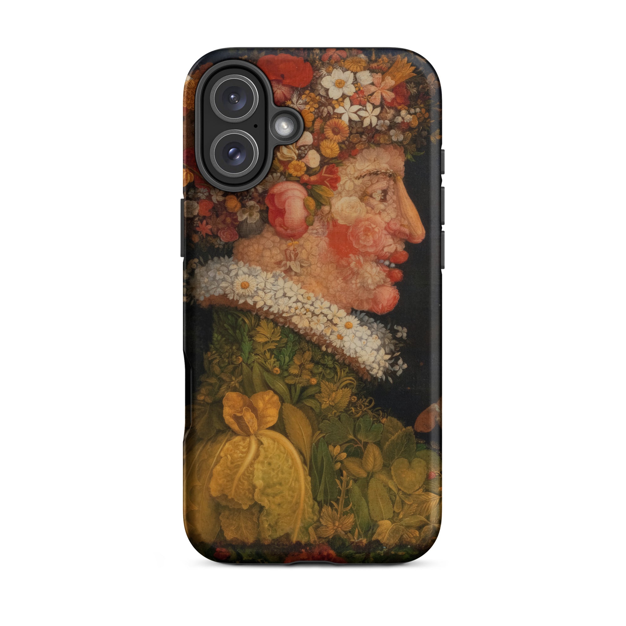 Spring - Giuseppe Arcimboldo Iphone Case, 16 Plus / Tough Phone, Black Smartphone Case Detailed Floral Portrait