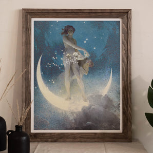 Spring Scattering Stars - Edwin Blashfield Art Print, Framed Artwork Ethereal Figure Crescent Moon Stardust