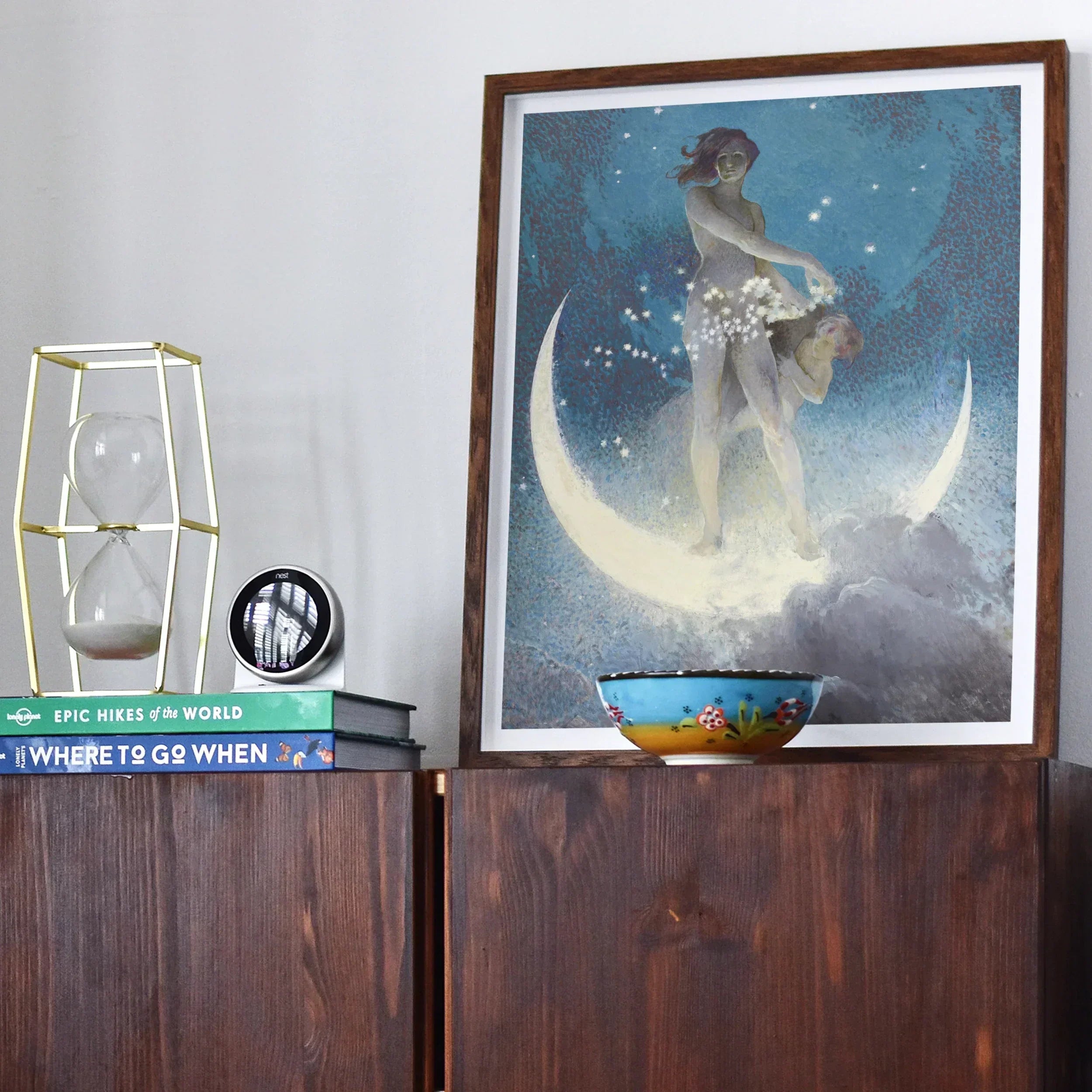 Spring Scattering Stars Edwin Blashfield Art Print, Framed Artwork Figure Crescent Moon Starry Blue Sky