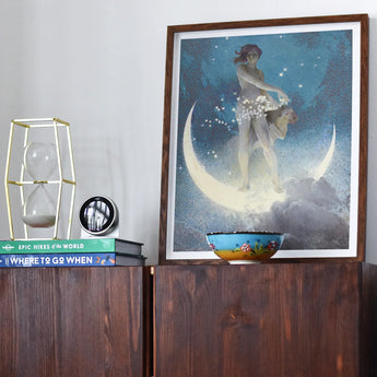 Spring Scattering Stars - Edwin Blashfield Art Print, Framed Artwork Figure Crescent Moon Starry Blue Sky