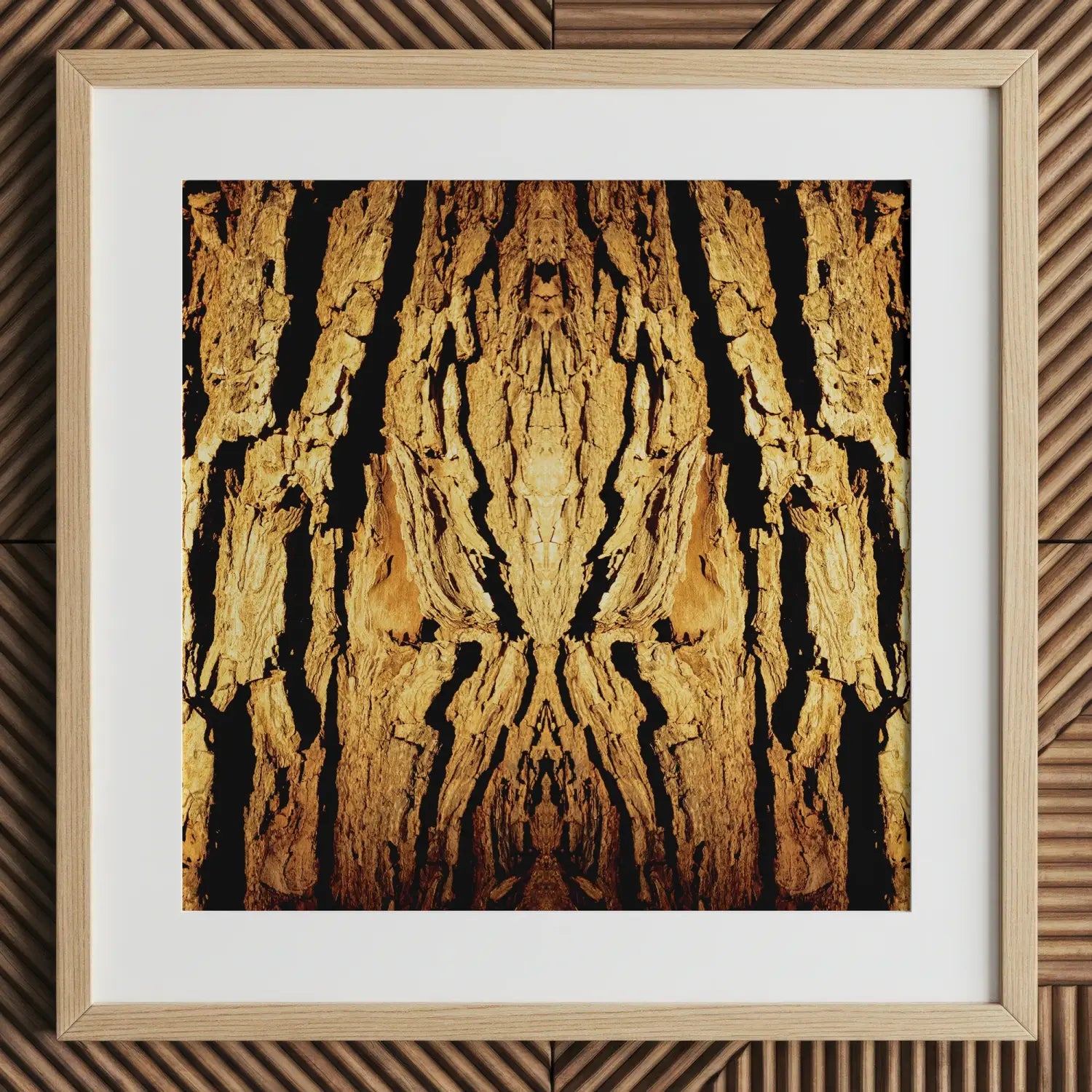 Framed abstract artwork of trippy tree trunk in botanical op art style
