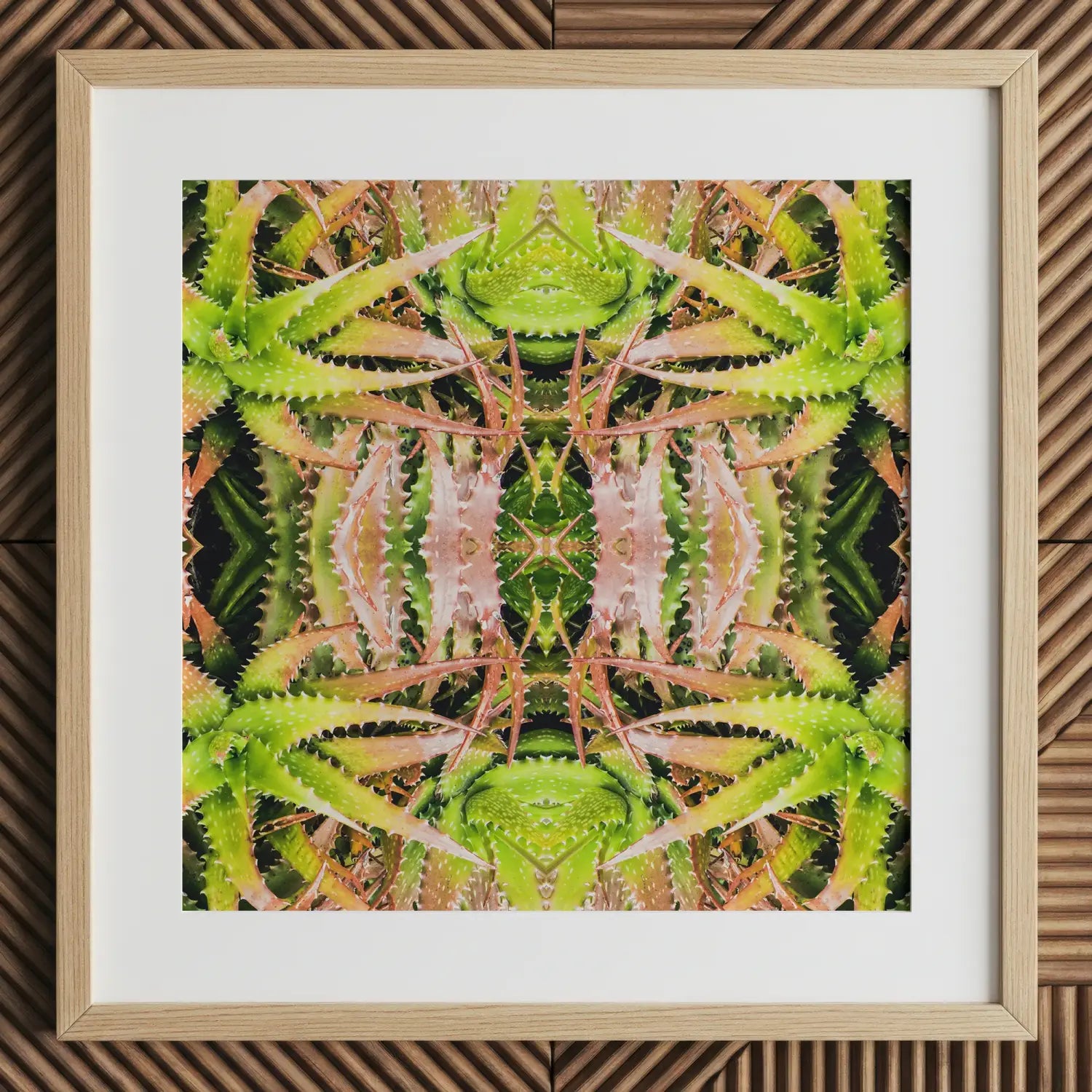 Framed botanical op art of trippy succulent mandala in green and pink